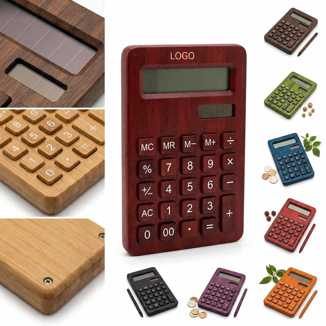 Sustainable Bamboo Solar Powered Calculator - 18 Key Portable Electronic Device